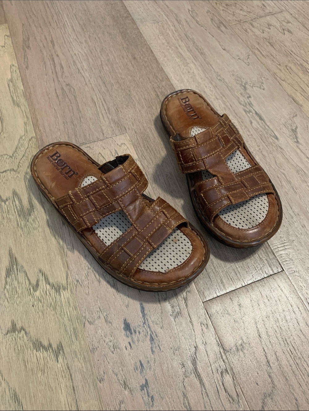 Born Brown Leather Woven Slide Sandals Size 7